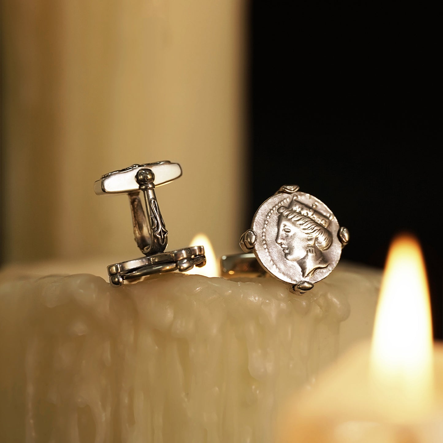 925 silver series Tika, the goddess of destiny, silver coin style cufflinks MM2204S