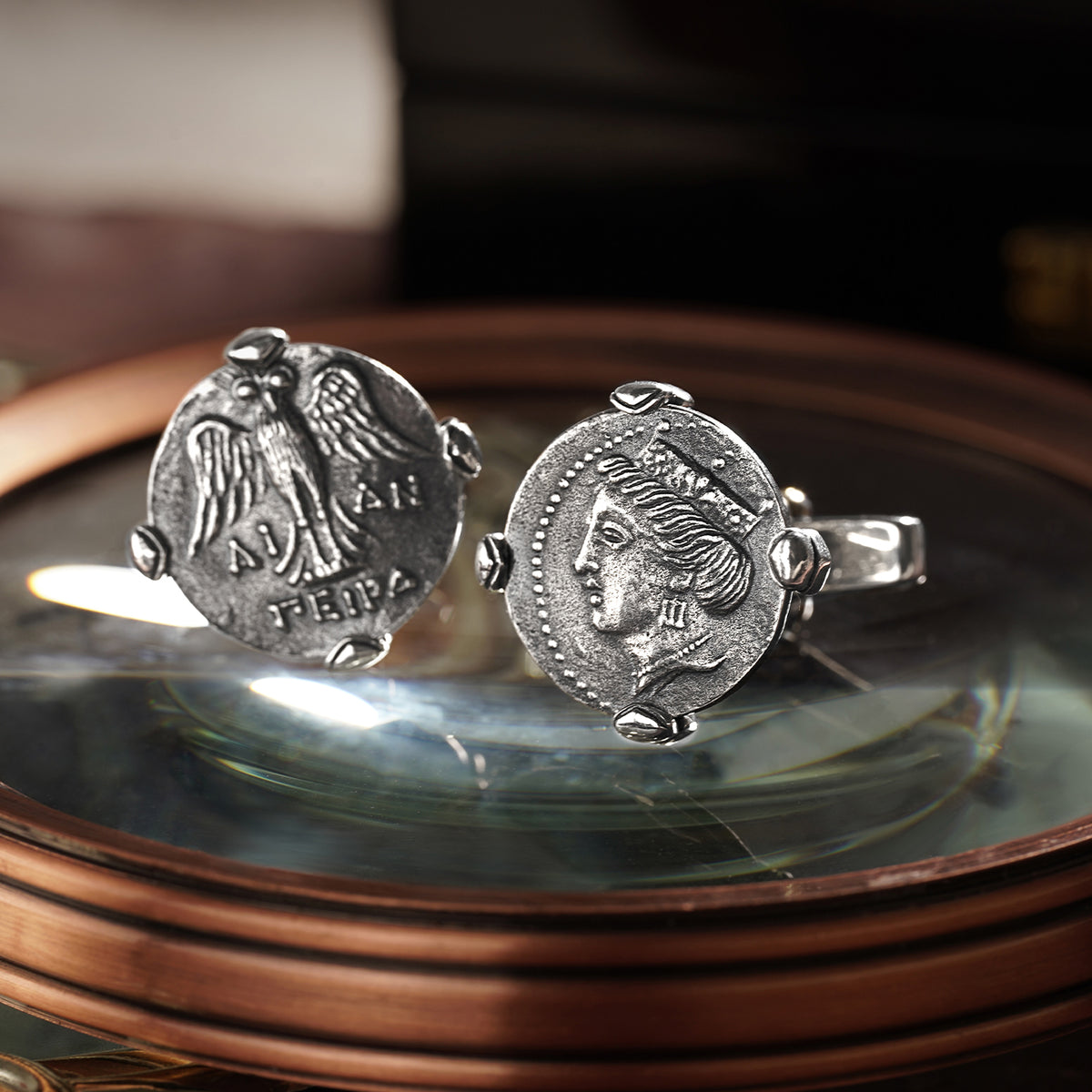 925 silver series Tika, the goddess of destiny, silver coin style cufflinks MM2204S